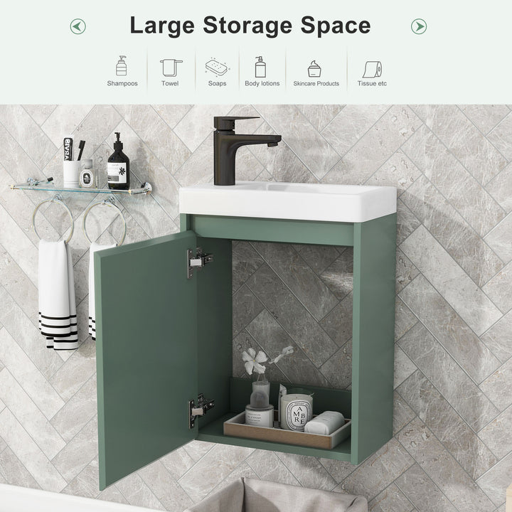 Elegant 16-Inch Green Bathroom Vanity Cabinet with Soft-Close Doors - Easy Assembly, Stylish Storage