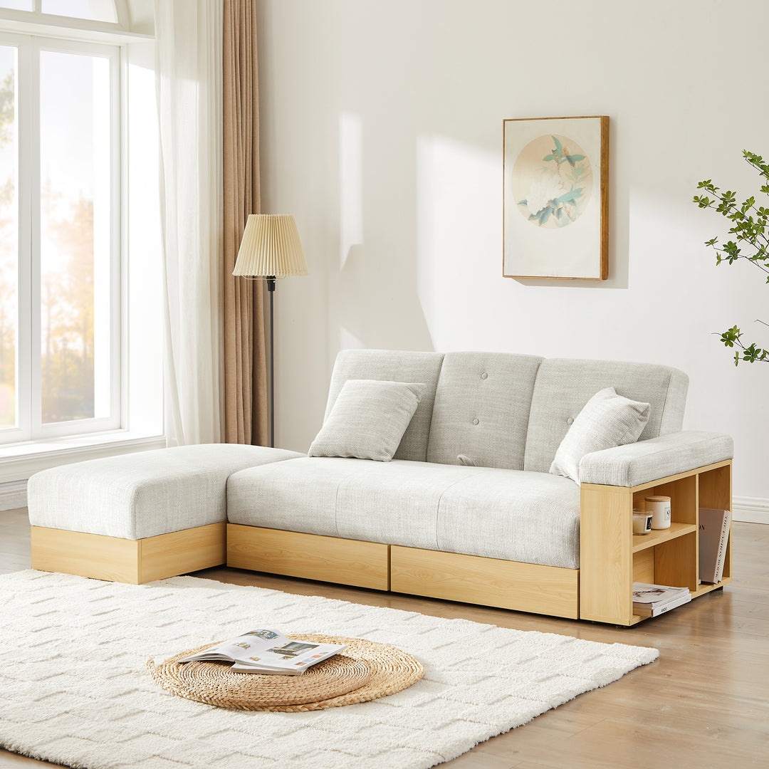 Multi-functional sofa, can sit, lie down, with storage box and drawer, and the storage sofa arm can be used as tea table and pedal-Light Gray