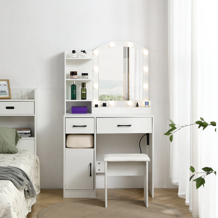 Vanity desk set including table with large lighted mirror,3 color lighting modes adjustable brightness, dressing table with 2 drawers, storage cabinet and upholstered stool, white color