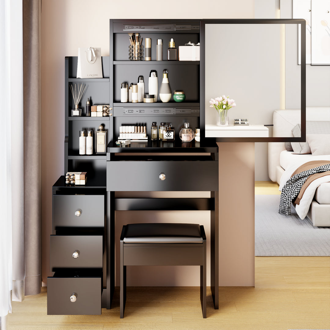 Left Bedside Cabinet Vanity Table + Cushioned Stool, Extra large Sliding mirror, Multi Layer High Capacity Storage, Left Bedside Cabinet, Practical Fashionable Dresser, Modern Makeup Furniture