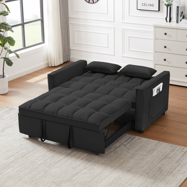 Modern Velvet Loveseat Futon Sofa Couch w/Pullout Bed,Small Love Seat Lounge Sofa w/Reclining Backrest,Toss Pillows, Pockets,Furniture for Living Room,3 in 1 Convertible Sleeper Sofa Bed, Black