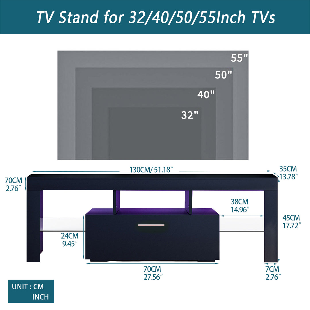 FashionTVstandTVcabinet,EntertainmentCenter,TVstationTV console,media console,with LEDlight belt,light belt remote control,toughenedglassshelf,metal handle,Canbeplaced in the living room,bedroom,black