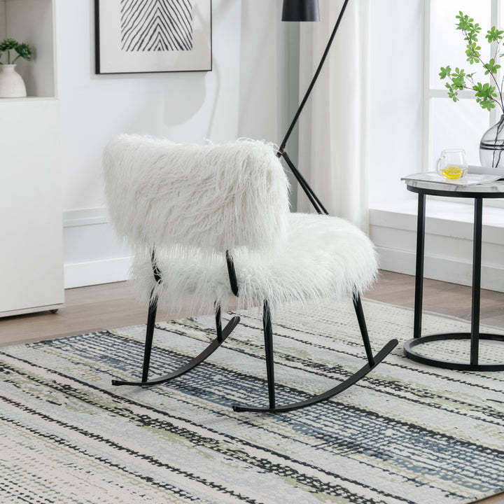 25.2'' Wide Faux Fur Plush Nursery Rocking Chair, Baby Nursing Chair with Metal Rocker, Fluffy Upholstered Glider Chair, Comfy Mid Century Modern Chair for Living Room, Bedroom (Ivory)