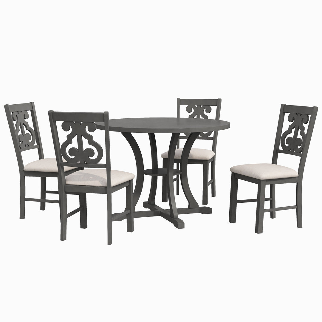 TREXM 5-Piece Round Dining Table and Chair Set with Special-shaped Legs and an Exquisitely Designed Hollow Chair Back for Dining Room (Gray)