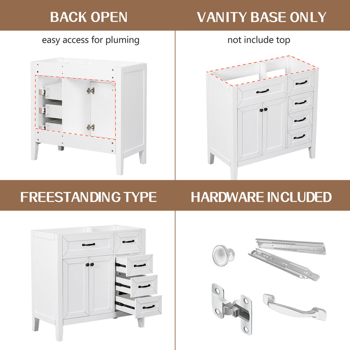 36" Bathroom Vanity without Sink, Cabinet Base Only, Bathroom Cabinet with Drawers, Solid Frame and MDF Board, White