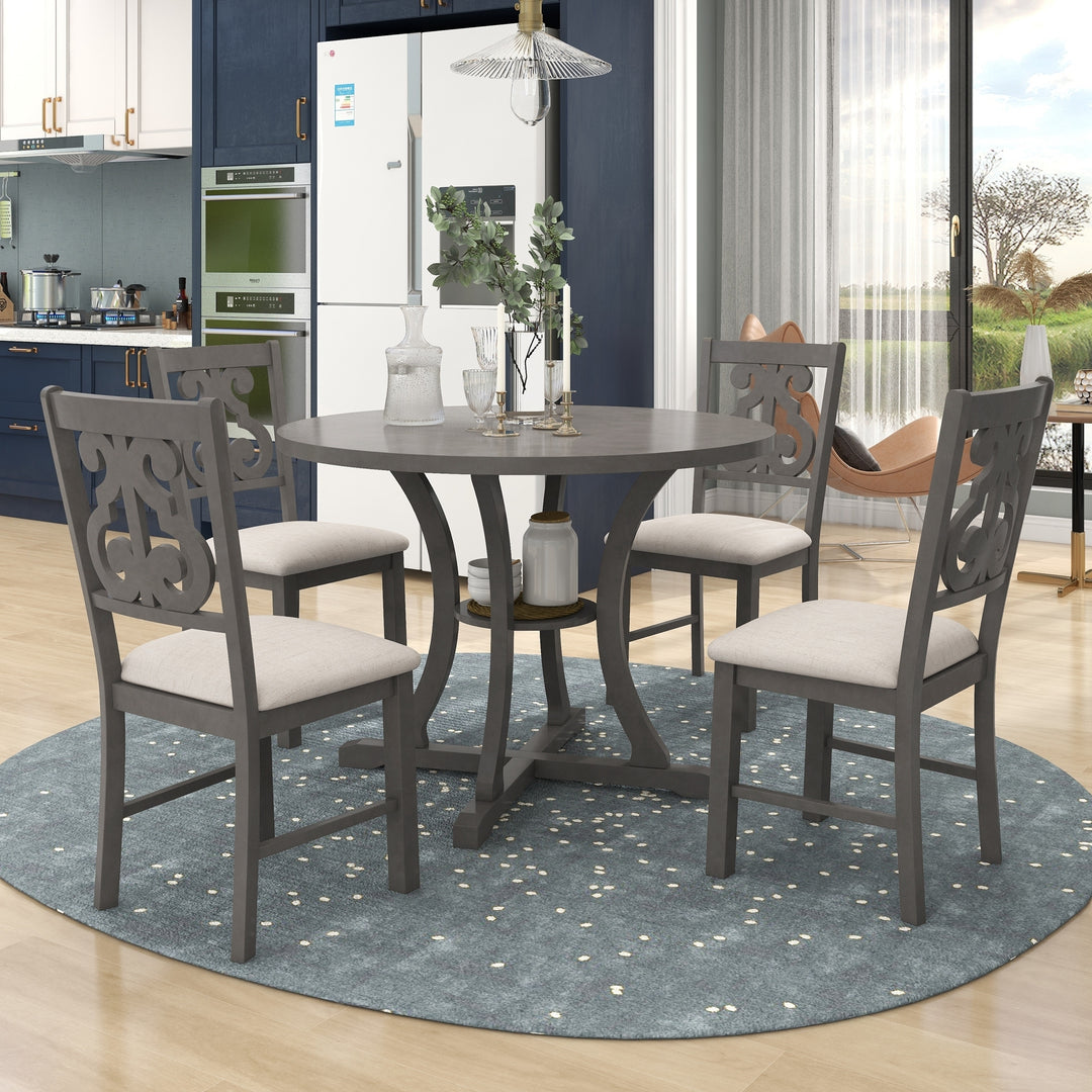 TREXM 5-Piece Round Dining Table and Chair Set with Special-shaped Legs and an Exquisitely Designed Hollow Chair Back for Dining Room (Gray)