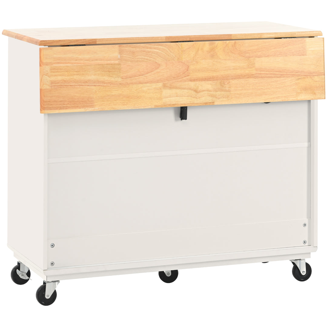 Kitchen Island with Drop Leaf, LED Light Kitchen Cart on Wheels with Power Outlets, 2 Sliding Fluted Glass Doors, Large Kitchen Island Cart with 2 Cabinet and 1 open Shelf (White)