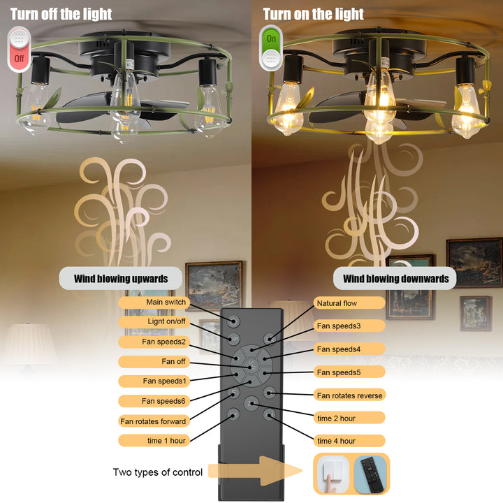 Flush Mount Ceiling Fans with Lights and Remote Control green Caged Low Profile Ceiling Fan Modern Metal Ceiling fanfor Farmhouse Dining Room Bedroom Kitchen Living Room