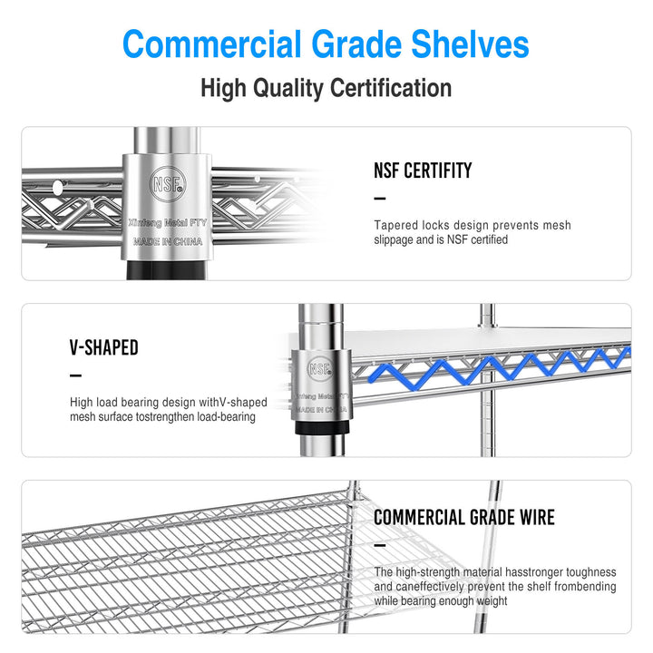5 Tier 6000lbs Heavy Duty Adjustable Storage Rack Metal Shelf Wire Shelving Unit with Wheels & Shelf Liners - 82" H x 48" L x 24" D - Chrome