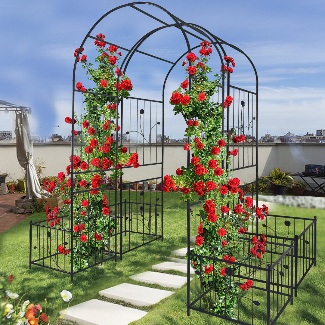 Metal Garden Arch with two plant stands 79.5'' Wide x 86.6'' High Climbing Plants Support Rose Arch Outdoor Black