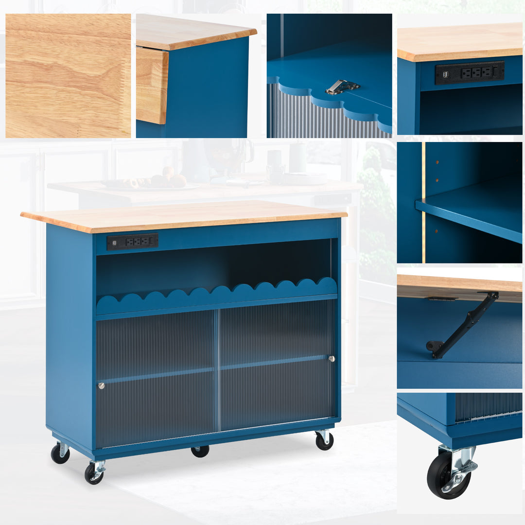 Kitchen Island with Drop Leaf, LED Light Kitchen Cart on Wheels with Power Outlets, 2 Sliding Fluted Glass Doors, Large Kitchen Island Cart with 2 Cabinet and 1 open Shelf (Navy Blue)