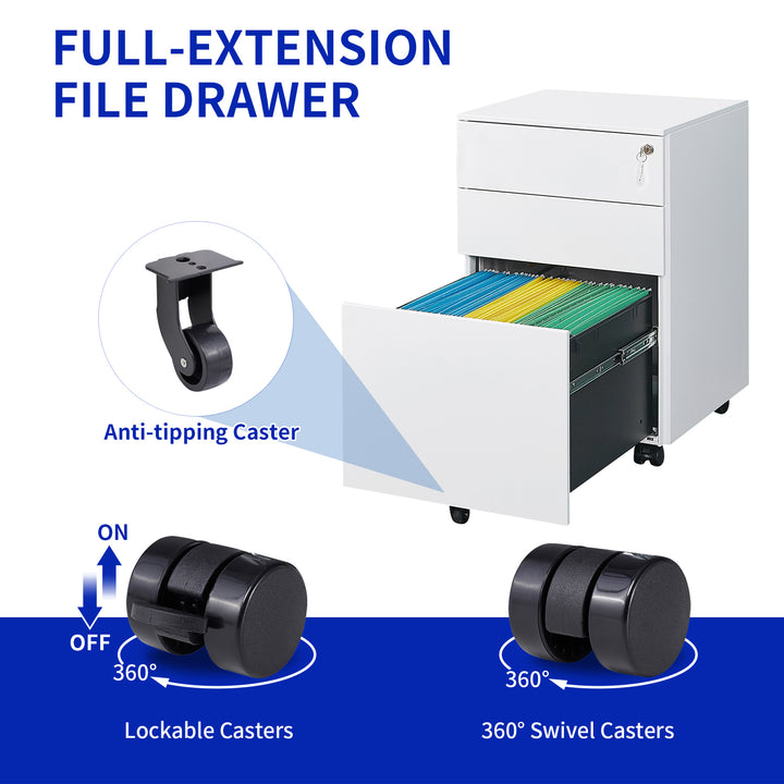 ZIYUNTC  3 Drawer Mobile File Cabinet with Lock Steel File Cabinet for Legal/Letter/A4/F4 Size, Fully Assembled Include Wheels, Home/ Office Design