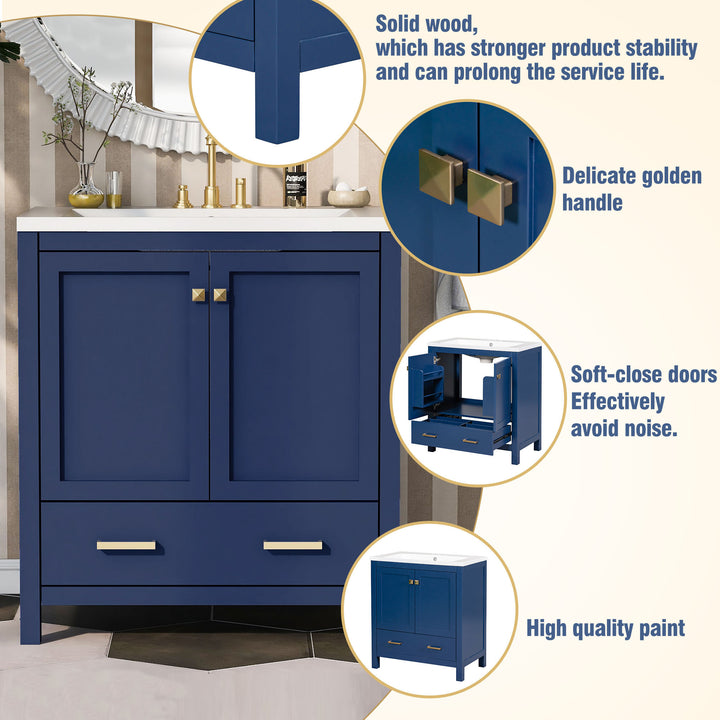 30" Blue Bathroom Vanity with Single Sink, Combo Cabinet Undermount Sink, Bathroom Storage Cabinet with 2 Doors and a Drawer, Soft Closing, Multifunctional Storage, Solid Wood Frame