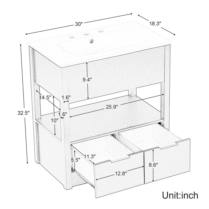 30" Bathroom Vanity with Sink Top, Bathroom Cabinet with Open Storage Shelf and Two Drawers, One Package, Natural