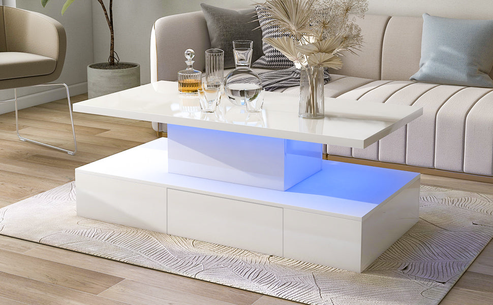 ON-TREND Modern Glossy Coffee Table With Drawer, 2-Tier Rectangle Center Table with LED lighting for Living room, 39.3''x19.6''x15.3'', White