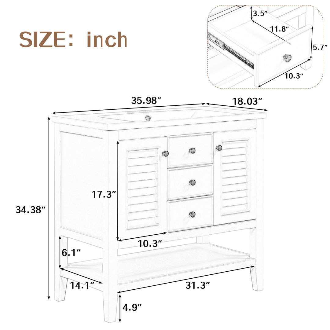 36" Bathroom Vanity with Ceramic Basin, Two Cabinets and Drawers, Open Shelf, Solid Wood Frame, White (OLD SKU: SY999101AAK)