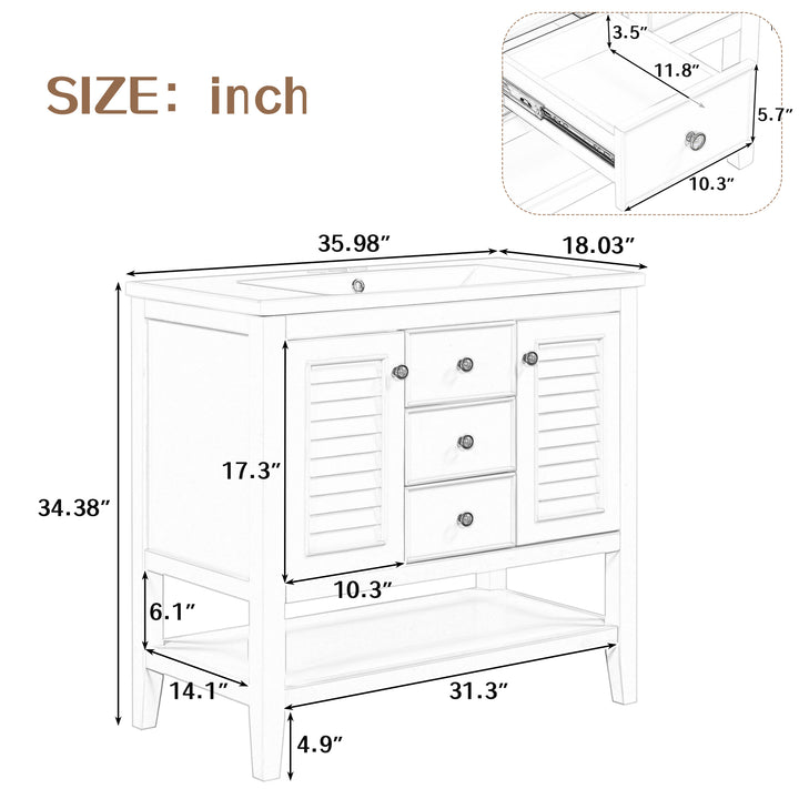 36" Bathroom Vanity with Ceramic Basin, Two Cabinets and Drawers, Open Shelf, Solid Wood Frame, White (OLD SKU: SY999101AAK)