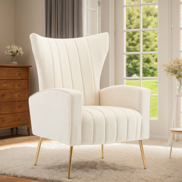 Velvet Accent Chair with table, Wingback Arm Chair with Gold Legs, Upholstered Single Sofa for Living Room Bedroom, White