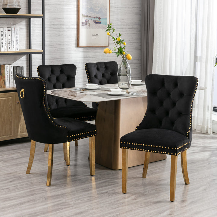 A&A Furniture,Nikki Collection Modern, High-end Tufted Solid Wood Contemporary Velvet Upholstered Dining Chair with Golden Stainless Steel Plating Legs,Nailhead Trim,Set of 2，Black and Gold, SW1601BK