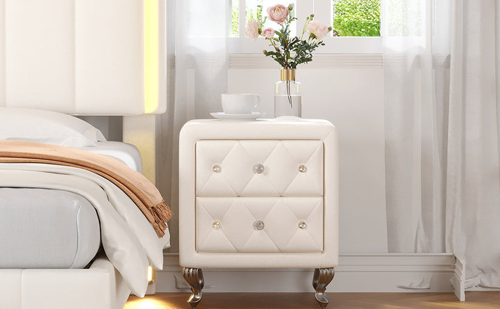 Elegant PU Nightstand with 2 Drawers and Crystal Handle,Fully Assembled Except Legs&Handles,Storage Bedside Table with Metal Legs - White