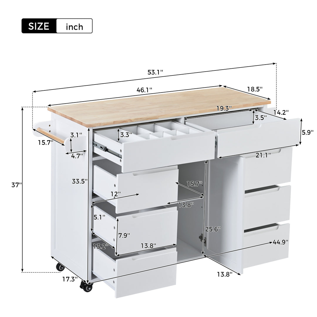 K&K Store Kitchen Cart with Rubber Wood Countertop , Kitchen Island has 8 Handle-Free Drawers Including a Flatware Organizer and 5 Wheels for Kitchen Dinning Room, White