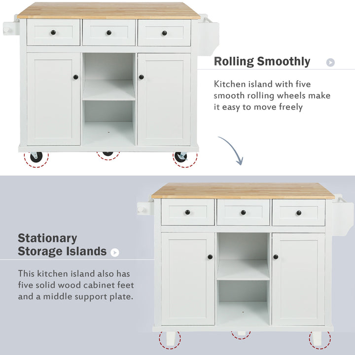 Kitchen Cart with Rubber wood Drop-Leaf Countertop ,Cabinet door internal storage racks,Kitchen Island on 5 Wheels with Storage Cabinet and 3 Drawers for Dinning Room,White