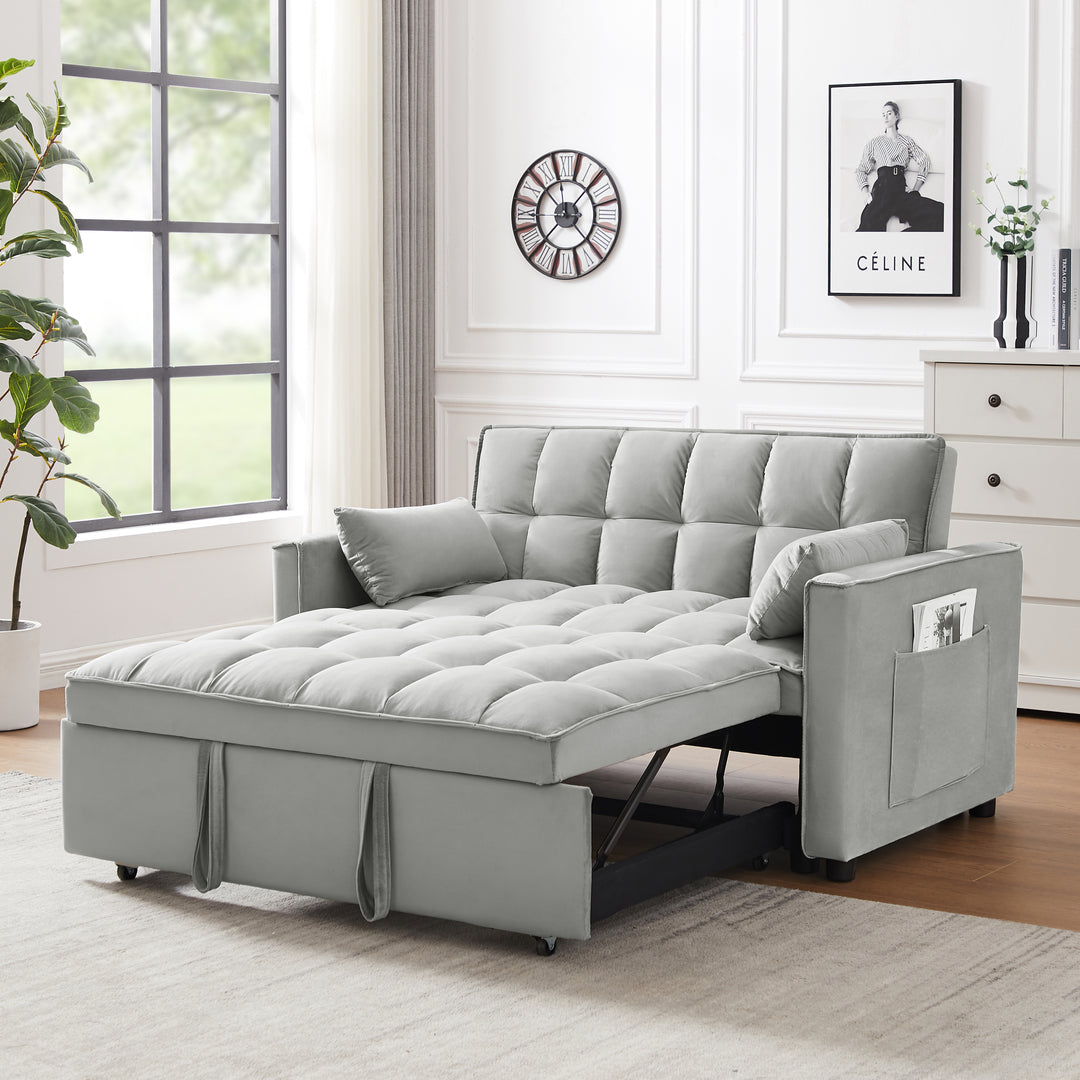 Modern Velvet Loveseat Futon Sofa Couch Pullout Bed, Small Love Seat Lounge Sofa w/Reclining Backrest, Toss Pillows, Pockets, Furniture for Living Room,3 in 1 Convertible Sleeper Sofa Bed,  Gray