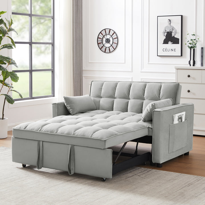 Modern Velvet Loveseat Futon Sofa Couch Pullout Bed, Small Love Seat Lounge Sofa w/Reclining Backrest, Toss Pillows, Pockets, Furniture for Living Room,3 in 1 Convertible Sleeper Sofa Bed,  Gray