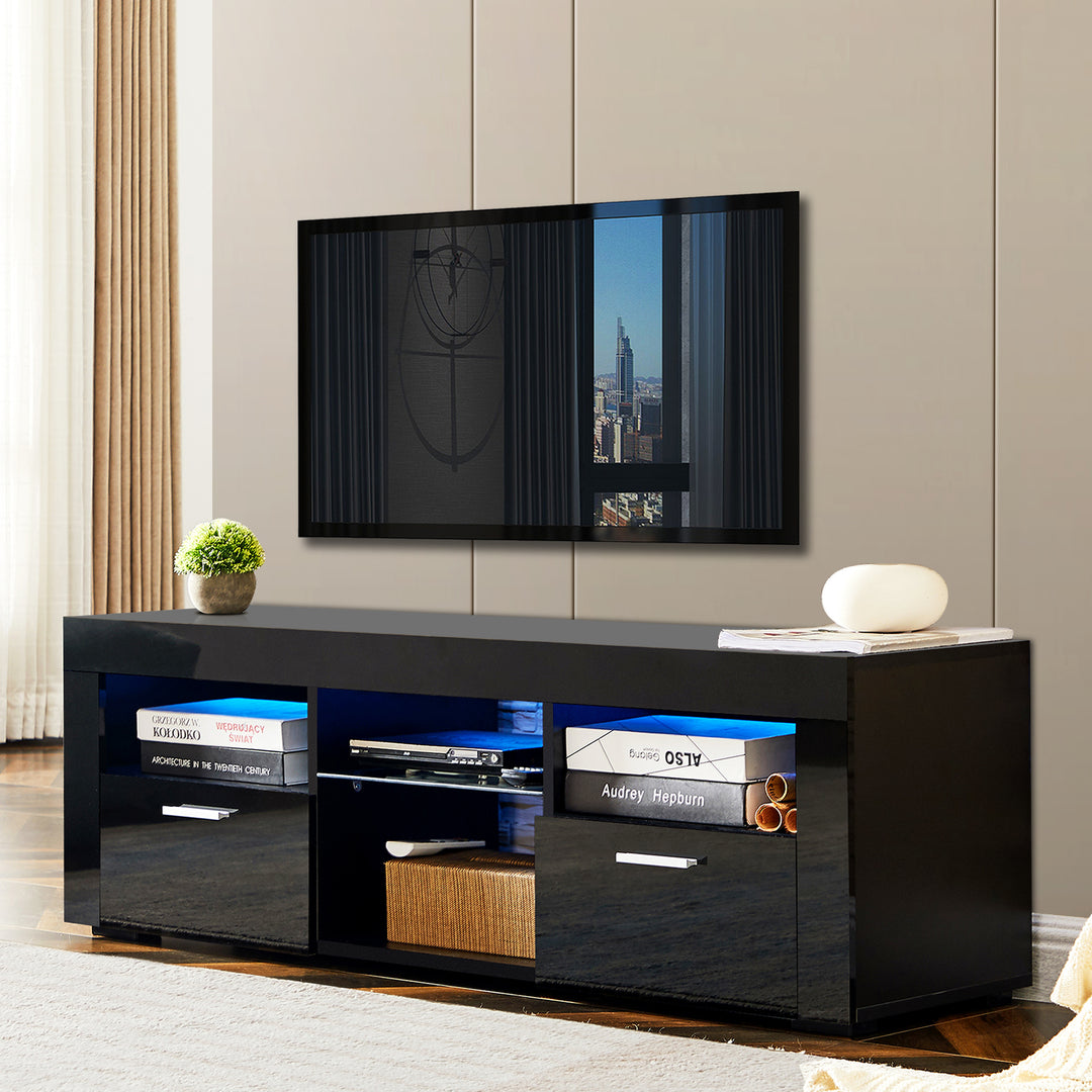 Black morden TV Stand with LED Lights,high glossy front TV Cabinet,can be assembled in Lounge Room, Living Room or Bedroom,color:Black