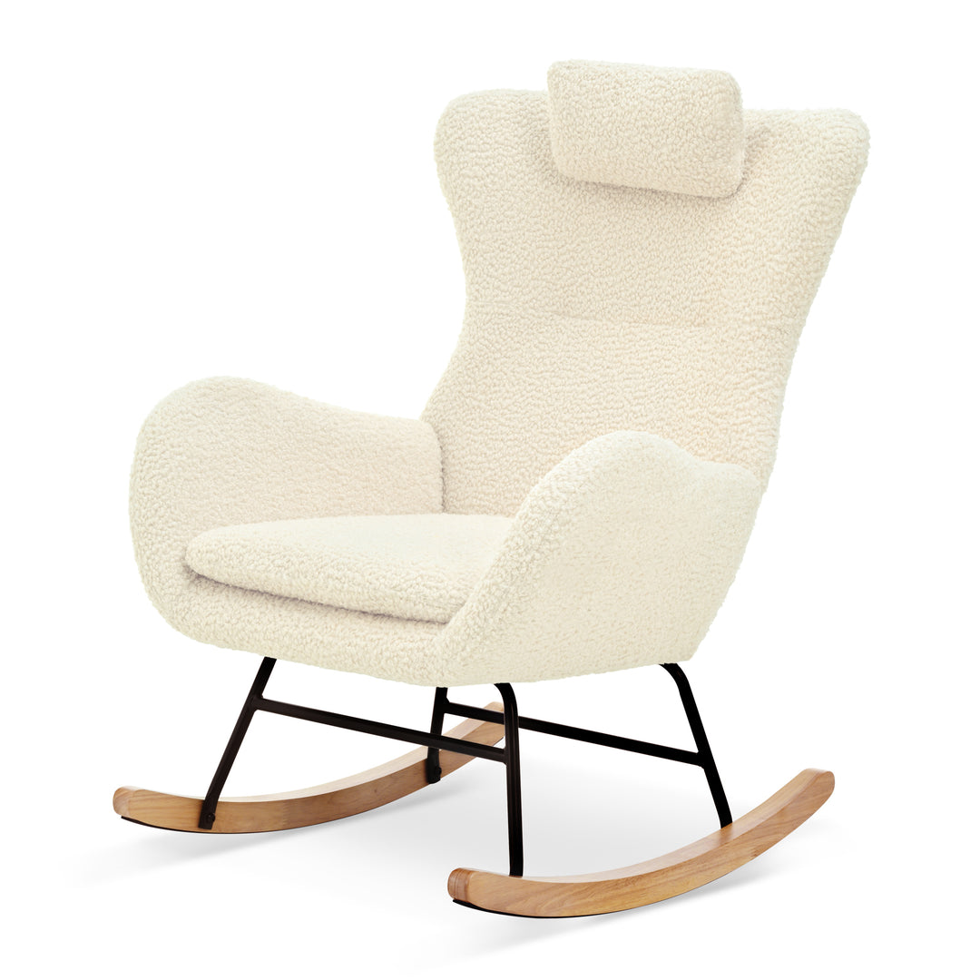 Rocking Chair Nursery, Teddy Upholstered Rocker Glider Chair with High Backrest, Adjustable Headrest & Pocket, Comfy Glider Chair for Nursery, Bedroom, Living Room, Offices, Rubber wood, beige