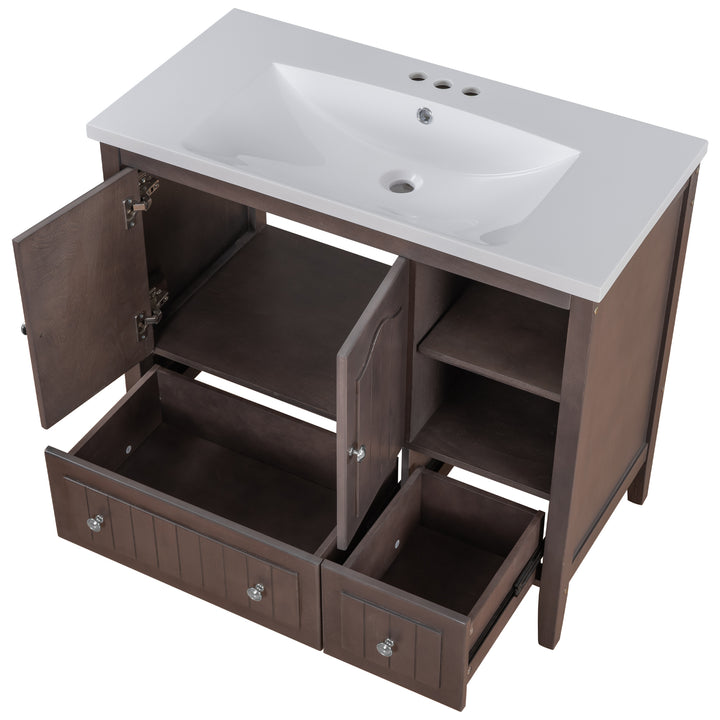 [VIDEO] 36" Bathroom Vanity with Ceramic Basin, Bathroom Storage Cabinet with Two Doors and Drawers, Solid Frame, Metal Handles, Brown (OLD SKU: JL000003AAD)