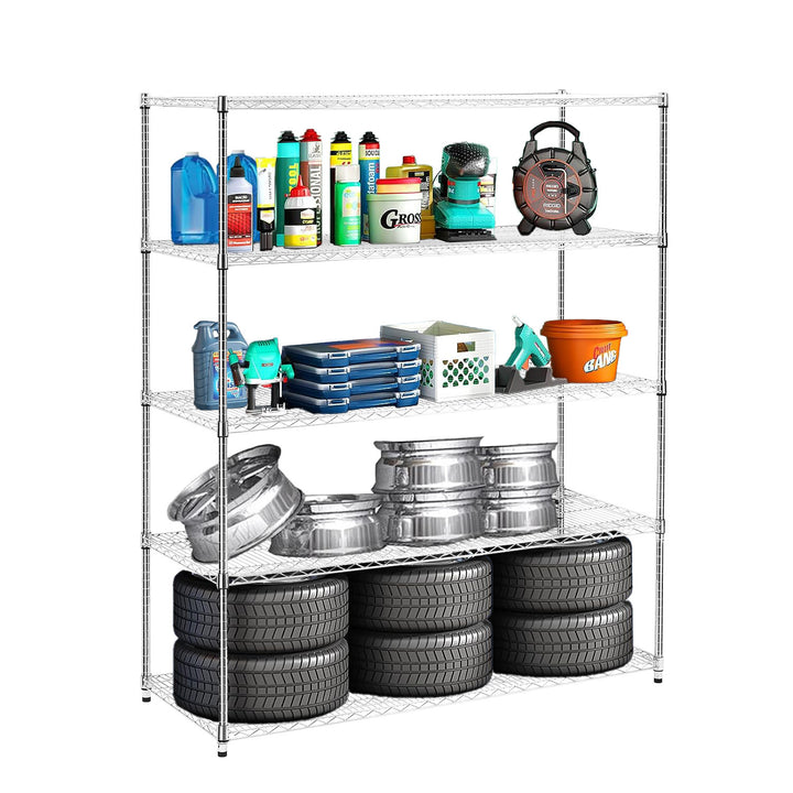 5 tiers of chrome-plated, heavy-duty, adjustable shelving and racking with a 300 lb. weight capacity per wire shelf for warehouses, supermarkets, kitchens, etc. 59.45 "L × 24.02 "W × 71.65 "H