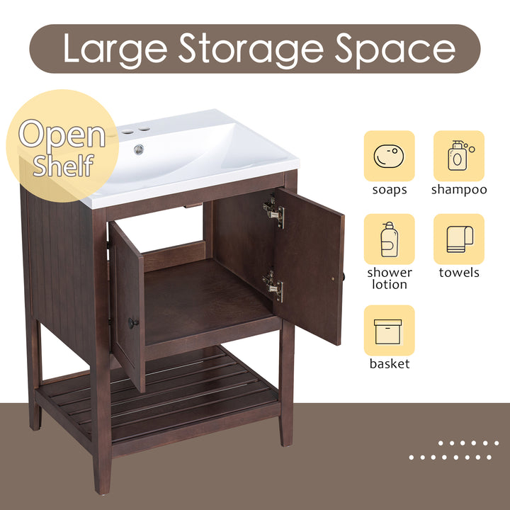 [VIDEO] 24" Brown Modern Sleek Bathroom Vanity Elegant Ceramic Sink with Solid Wood Frame Open Style Shelf (OLD SKU: JL000004AAD)