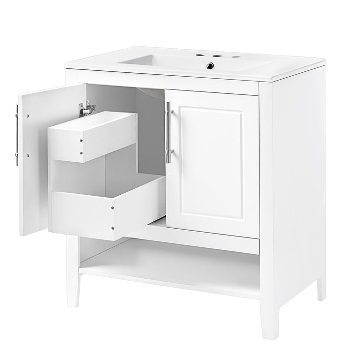 30" Bathroom Vanity with Sink, Multi-functional Bathroom Cabinet with Doors and Drawers, Solid Frame and MDF Board, White