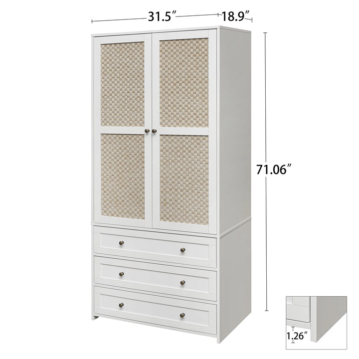 2-Door Wardrobe with 3 Drawers High Wardrobe  Armoire With 2 Rattan Door For Living Room, Bedroom Organizer