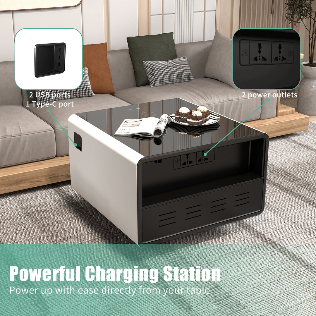 Modern Smart Side Table with Built-in Fridge, Wireless Charging, Temperature Control, Power Socket, USB Interface, Outlet Protection, Induction Light, White