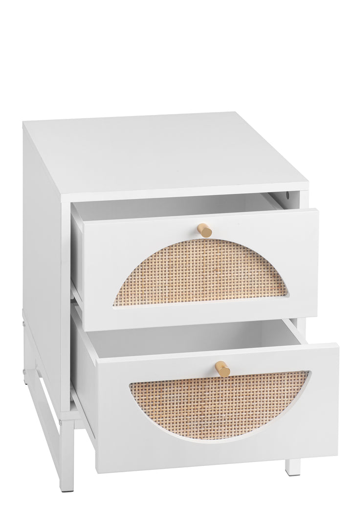 Allen 2 Drawer Nightstand Set of 2, White, Natural Rattan, Display Rack for Bedroom and Living Room