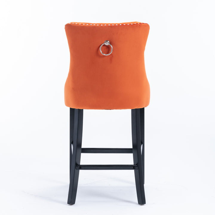 A&A Furniture,Contemporary Velvet Upholstered Barstools with Button Tufted Decoration and Wooden Legs, and Chrome Nailhead Trim, Leisure Style Bar Chairs,Bar stools, Set of 2 (Orange)