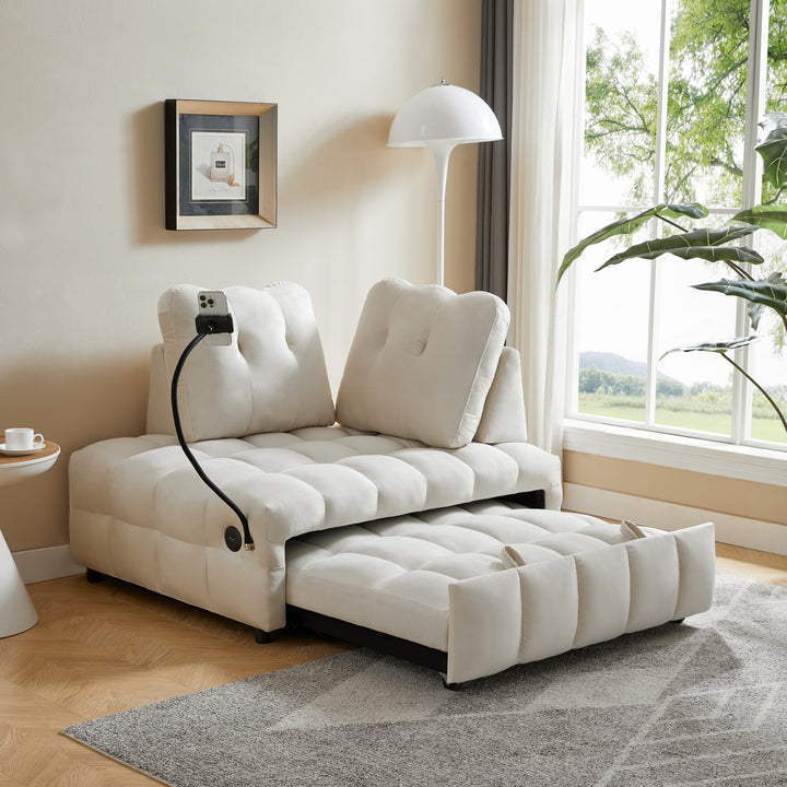 Modern sofa velvet pull-out bed,Independently removable backrest,  have USB port  and swivel phone stand ,beige