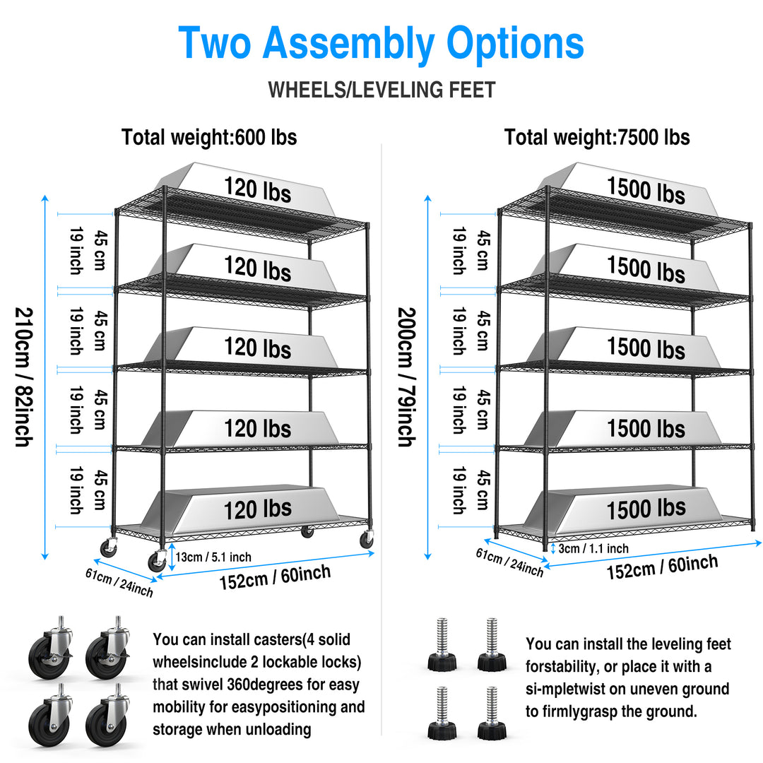 5 Tier 7500lbs Heavy Duty Adjustable Storage Rack Metal Shelf Wire Shelving Unit with Wheels & Shelf Liners - 82" H x 60" L x 24" D - Black