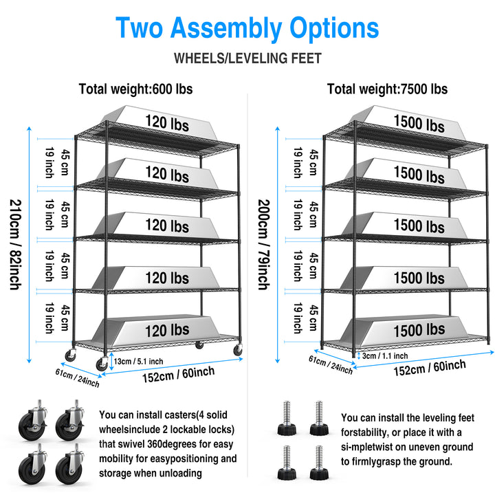 5 Tier 7500lbs Heavy Duty Adjustable Storage Rack Metal Shelf Wire Shelving Unit with Wheels & Shelf Liners - 82" H x 60" L x 24" D - Black