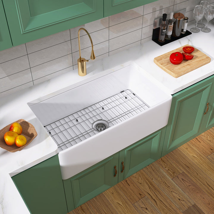 36 Inch Fireclay Farmhouse Kitchen Sink White Single Bowl Apron Front Kitchen Sink, Bottom Grid and Kitchen Sink Drain Included