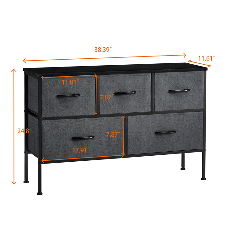 Dresser for Bedroom with 5 Drawers, Wide Chest of Drawers, Fabric Dresser, Storage Organizer Unit with Fabric Bins for Closet, Living Room, Hallway, Nursery, Dark Grey