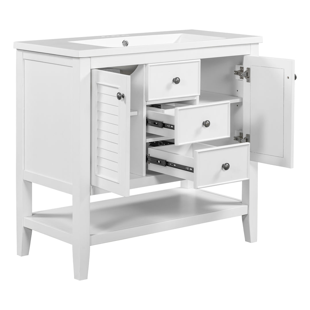 36" Bathroom Vanity with Ceramic Basin, Two Cabinets and Drawers, Open Shelf, Solid Wood Frame, White (OLD SKU: SY999101AAK)