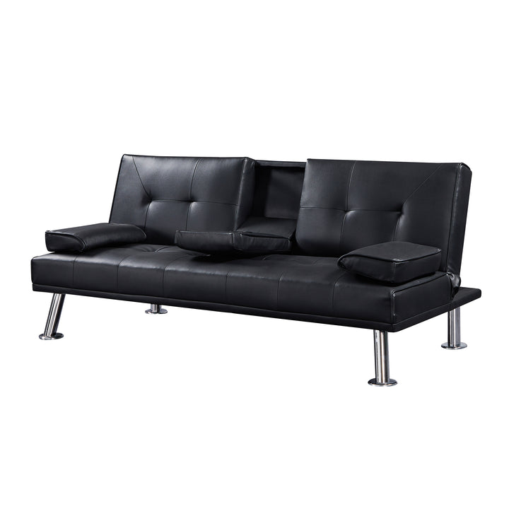 Black Faux Leather Loveseat Sofa Bed with Cup Holders , Convertible Folding Sleeper Couch Bed .