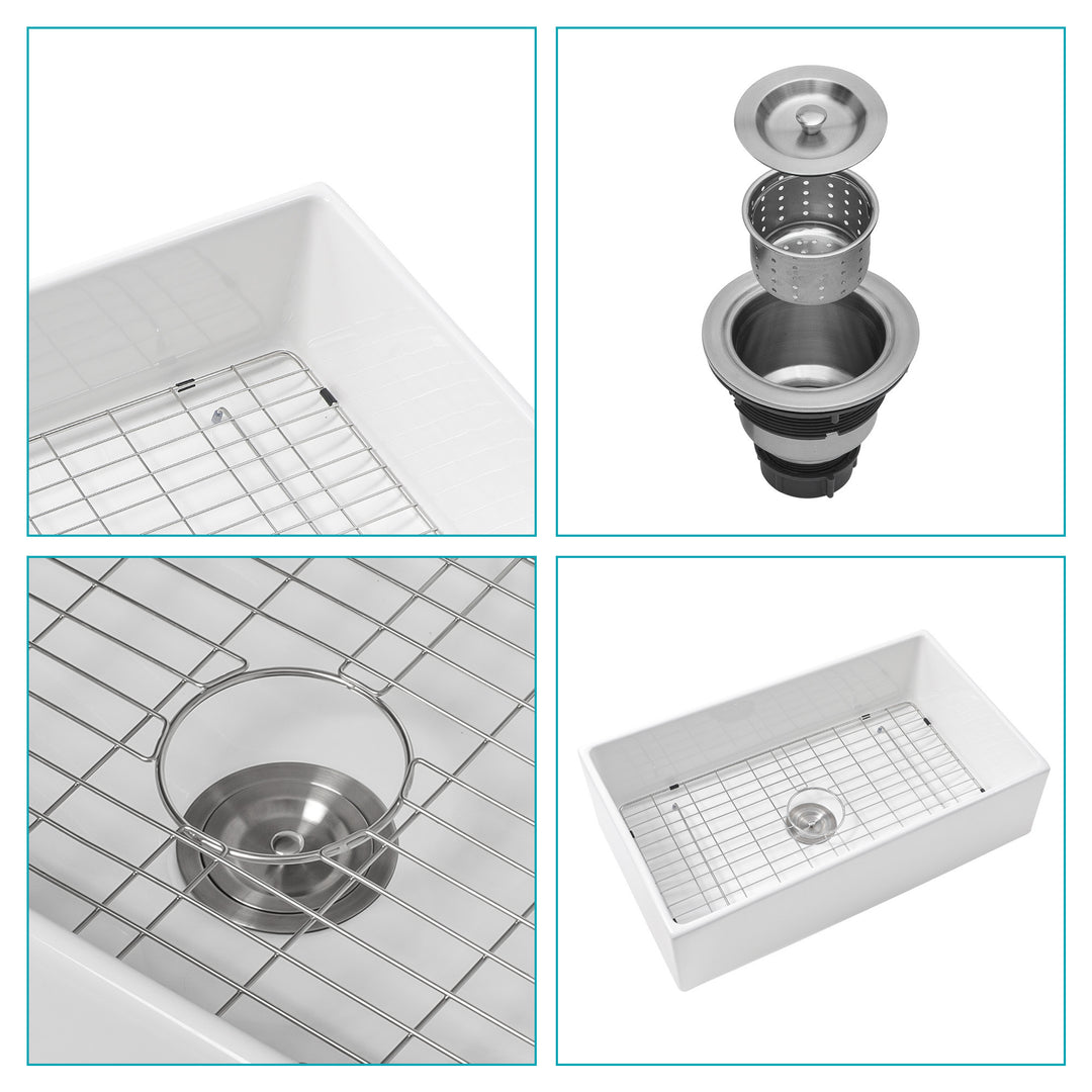 30 White Farmhouse Sink - 30 Inch Kitchen Sink White Undermount Single Bowl Apron Front Ceremic Sink Farm Style Drain Asseblemly and Bottom Grate 30x18x10 Inch