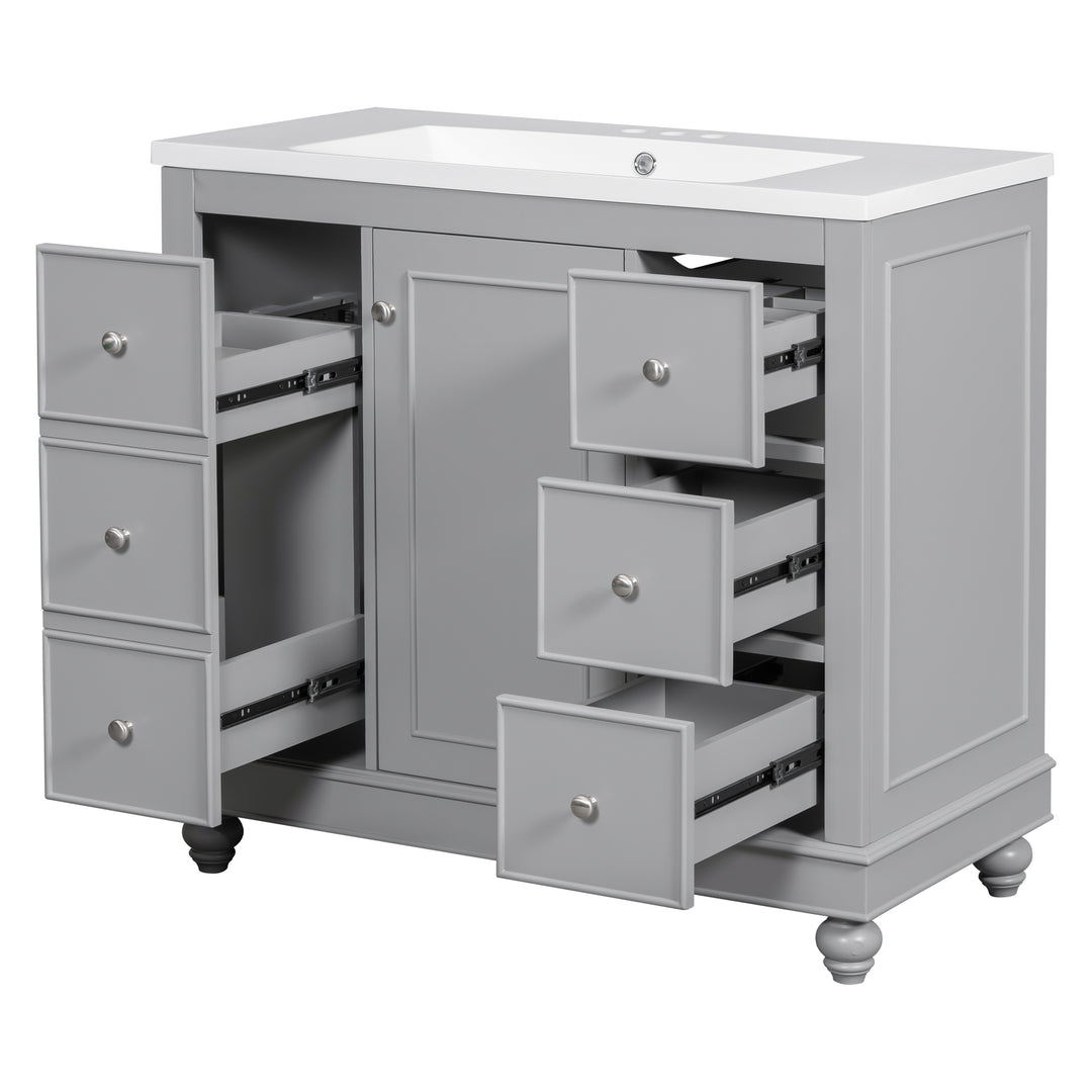 Contemporary Gray Bathroom Vanity Cabinet - 36x18x34 inches, 4 Drawers & 1 Cabinet Door, Multipurpose Storage, Resin Integrated Sink, Adjustable Shelves, Solid Wood Frame with MDF