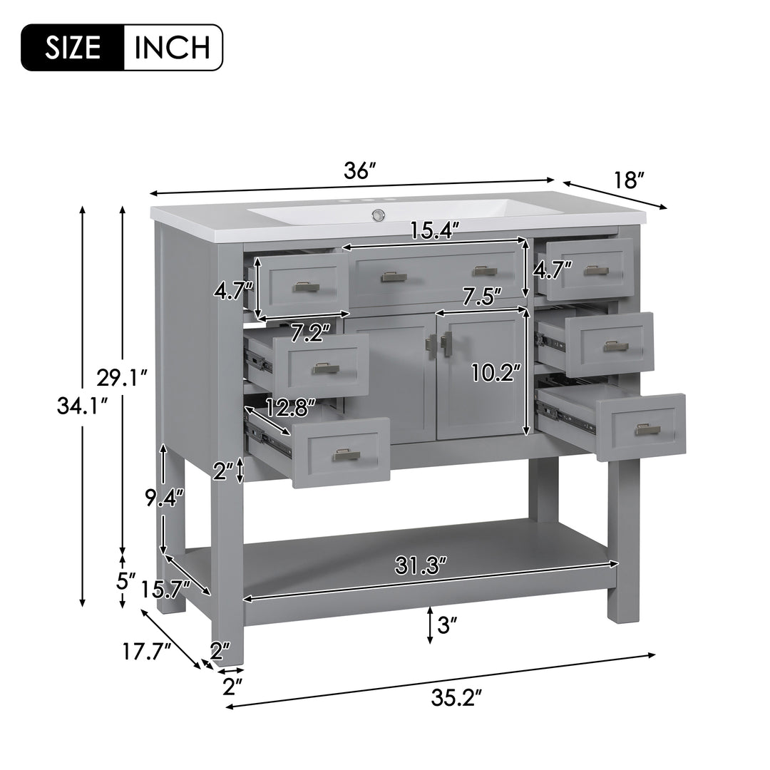 36'' Bathroom Vanity with Top Sink, Modern Bathroom Storage Cabinet with 2 Soft Closing Doors and 6 Drawers, Single Sink Bathroom Vanity