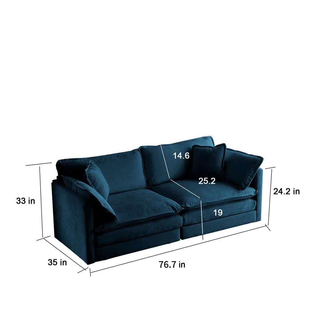 Armless Deep Seat 2 Seater Chenille Fabric Sofa to Combine With Alternative Arms and Single Armless Sofa , Blue Chenille