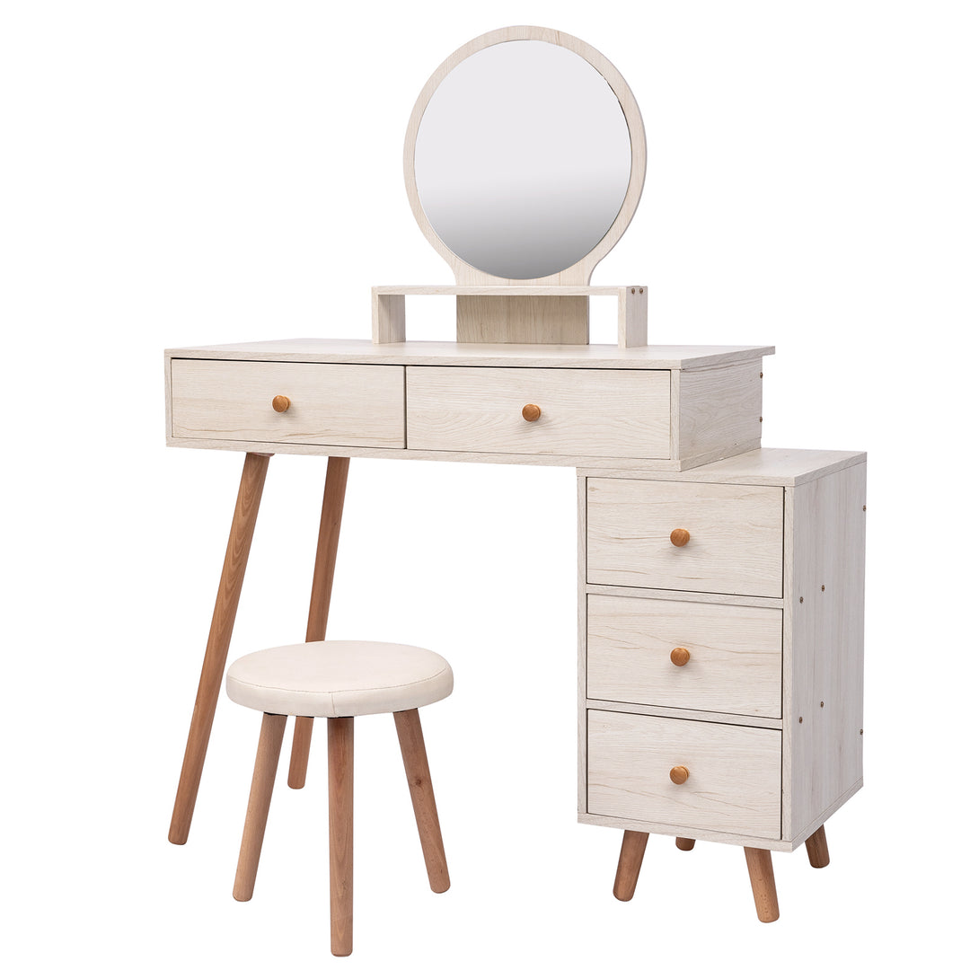 CRAZY ELF Makeup Vanity Table with Cushioned Stool, Large Capacity Storage Cabinet, 5 Drawers, Large Round Mirror, Fasionable Makeup Furniture (31.5"-43.2"L x 15.8"W x 48.1"H) Length Adjustable